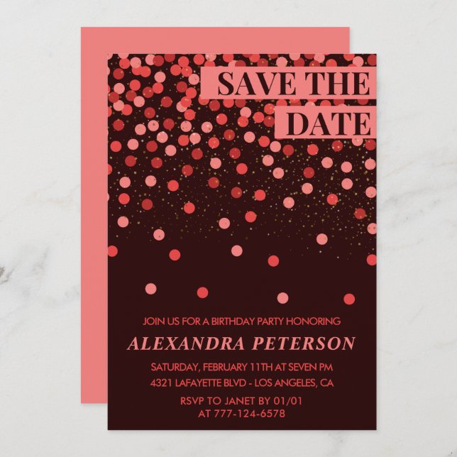 Save the date Confetti Red 91st birthday Invitation (Front/Back)