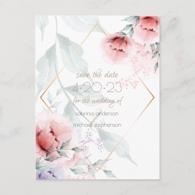Save the Date |  Coral/Lilac Aquarelle Peony Postcard (Front)