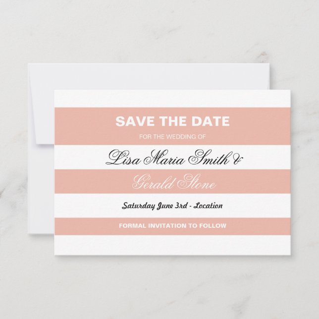 Save The Date Coral & White Elegant Stripe Wedding (Front)