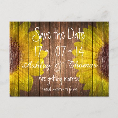 Save the Date Country Sunflowers Rustic Brown wood Announcement Postcard