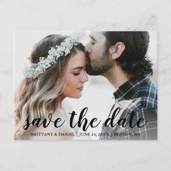 Save The Date Couple Photo Black Script Announcement Postcard by HappyMemoriesPaperCo at Zazzle