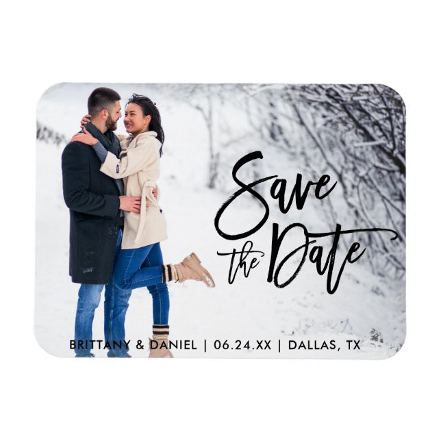 Save The Date Couple Photo Modern Brush Script Magnet (Horizontal)