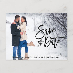 Save The Date Couple Photo Modern Brush Script Postcard