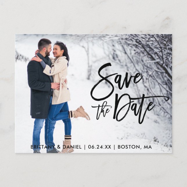 Save The Date Couple Photo Modern Brush Script Postcard (Front)
