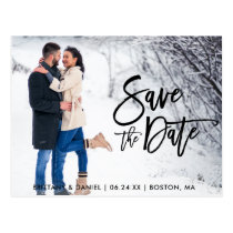 Save The Date Couple Photo Modern Brush Script Postcard