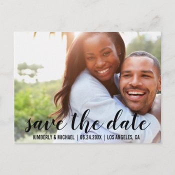 Save The Date Couple Photo Modern Engagement Postcard by HappyMemoriesPaperCo at Zazzle