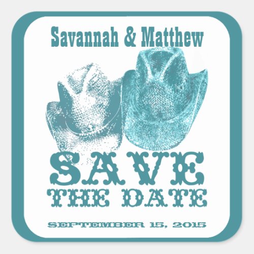 Save the Date Cowboy CowGirl Hats Wedding Sticker