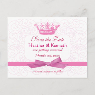 Save the Date Crown Pink Announcement Postcard