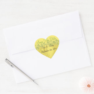 "Save the Date" Curls Over Yellow Personalized Heart Sticker