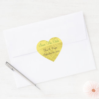 "Save the Date" Curls Over Yellow Personalized Heart Sticker