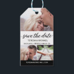 Save the Date Custom Photos Wedding Announcement Gift Tags<br><div class="desc">Customize with your own photos on this "Save the Date" tags. Announce your engagement, personalize the text with your upcoming wedding details. Personalize this wedding engagement tag cards with three photos from your engagement photoshoot, your names, location and wedding date. A black bar at the bottom also has a field...</div>