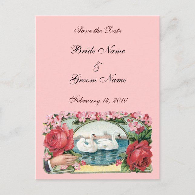 Save the Date Custom Roses and Swans Postcard (Front)