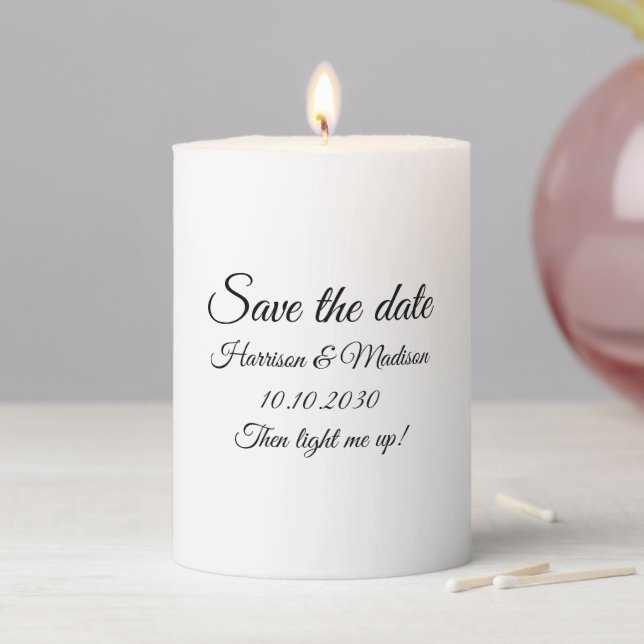 Save the Date custom script wedding announcement Pillar Candle (In Situ)