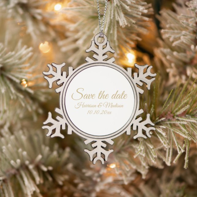 Save the Date, custom script Wedding Announcement Snowflake Pewter Christmas Ornament (Tree)