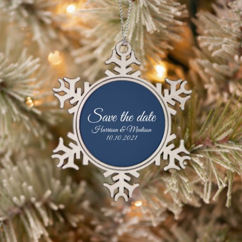 Save the Date custom script Wedding Announcement Snowflake Pewter Christmas Ornament