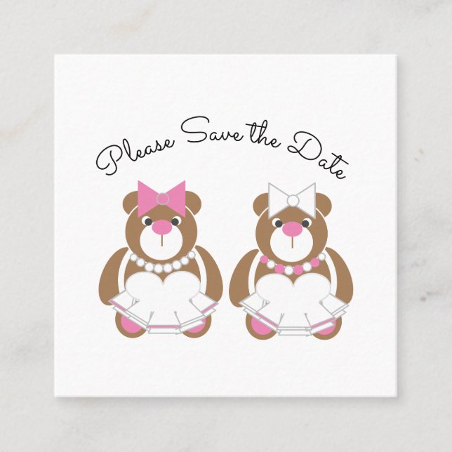 Save the date cute lesbian teddy bear calling card (Front)