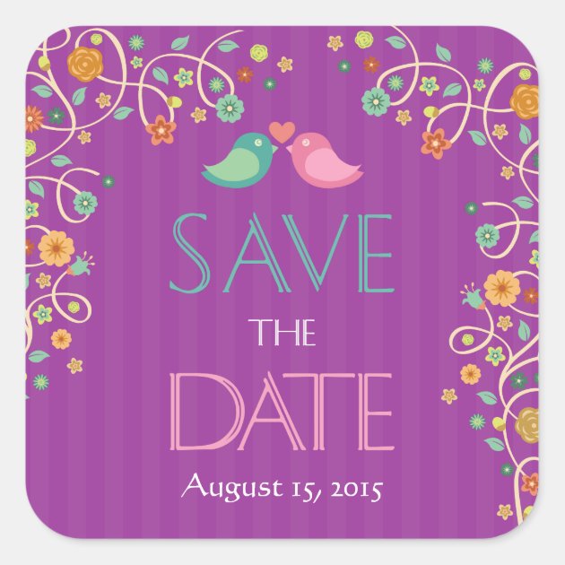 Save The Date Cute Purple Swirl Floral Love Birds Square Sticker