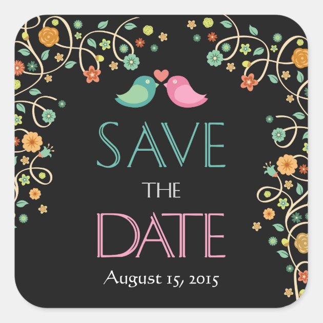 Save The Date Cute Stylish Swirl Floral Love Birds Square Sticker