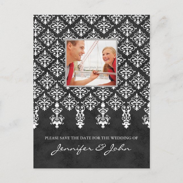 Save the Date Damask Postcard Gray White (Front)