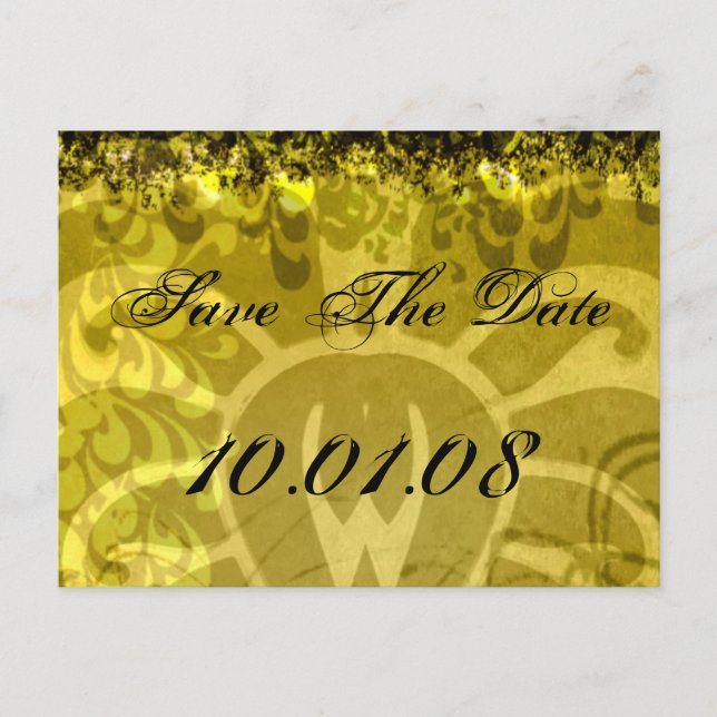 Save The Date - Damask Yellow and Green Announcement Postcard (Front)