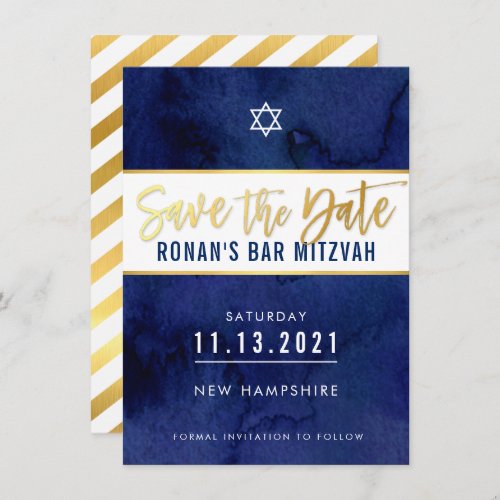 SAVE THE DATE dark blue watercolor gold type star Invitation