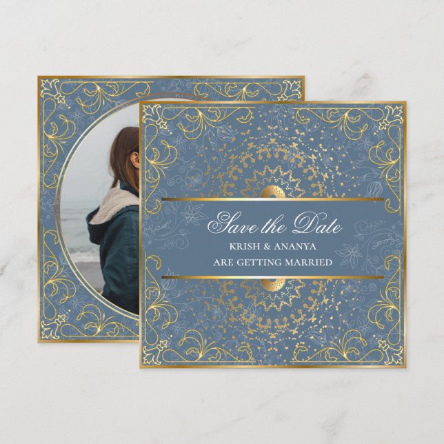 Save the date, Dazzling Blue and Gold Wedding Invitation (Front/Back)