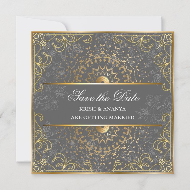 Save the date, Dazzling Gray and Gold Wedding Invitation (Front)