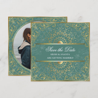 Save the date, Dazzling Green and Gold Wedding Invitation