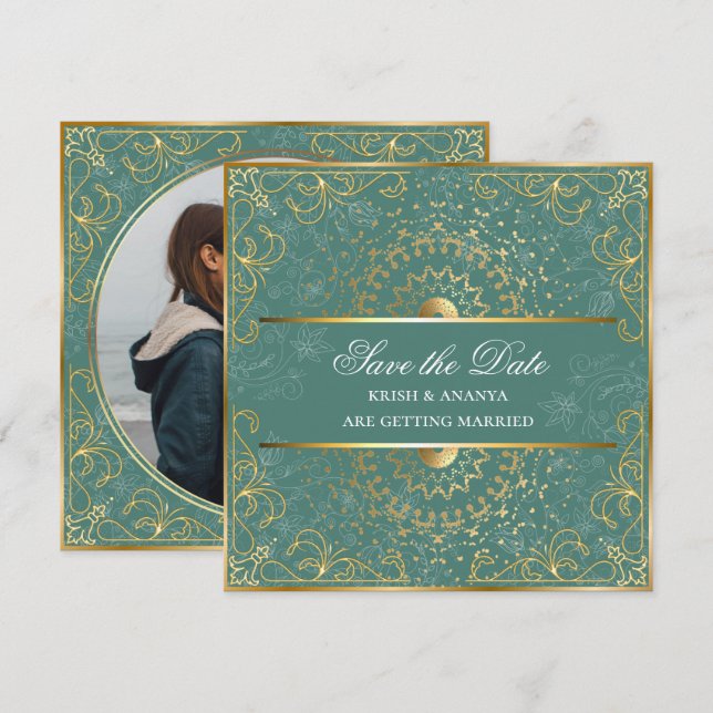 Save the date, Dazzling Green and Gold Wedding Invitation (Front/Back)