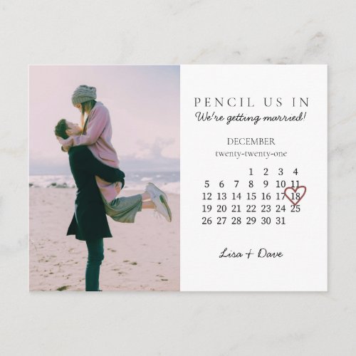 Save the Date Dec 2021 Month Calendar Pink Heart Postcard