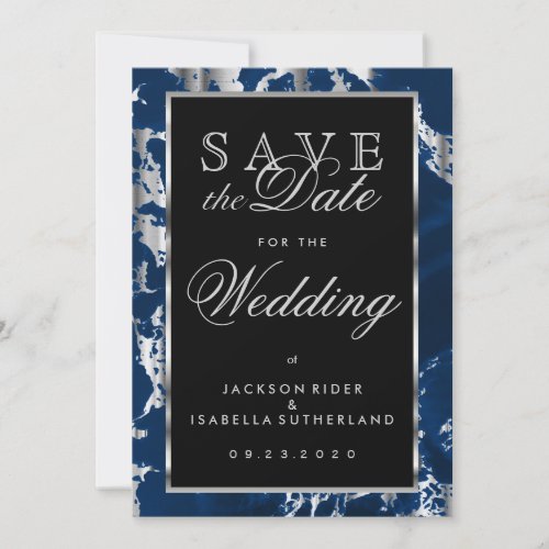 Save the Date Deep Blue and Silver Marble