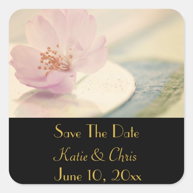 Save The Date Delicate Pink Cherry Blossom Flower Square Sticker (Front)