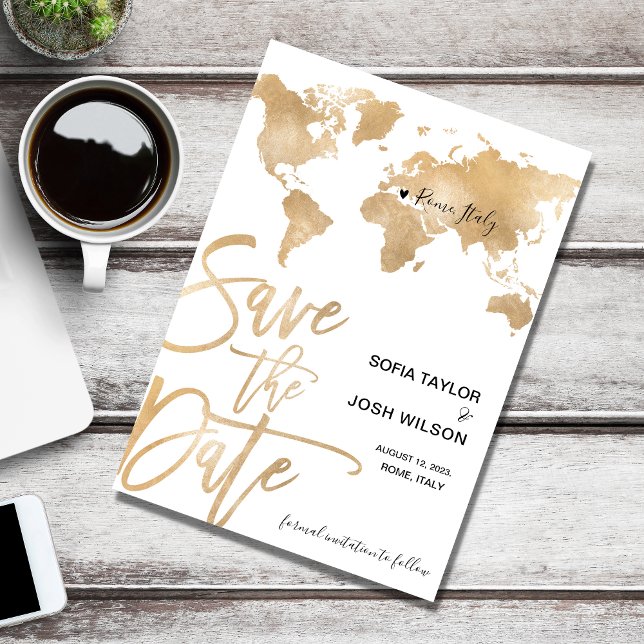 Save the date Destination World Map Gold Heart Invitation (Creator Uploaded)