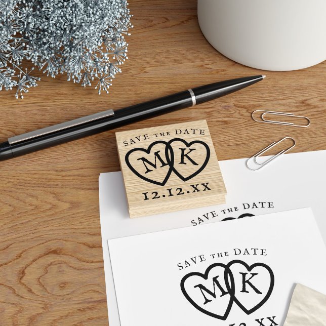 Save The Date DIY Wedding Monogram Rubber Stamp (Add your initials and wedding date to this rustic entwined hearts Save the Date rubber stamp)