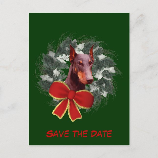 Save The Date Doberman Wreath Holiday Announcement Postcard (Front)