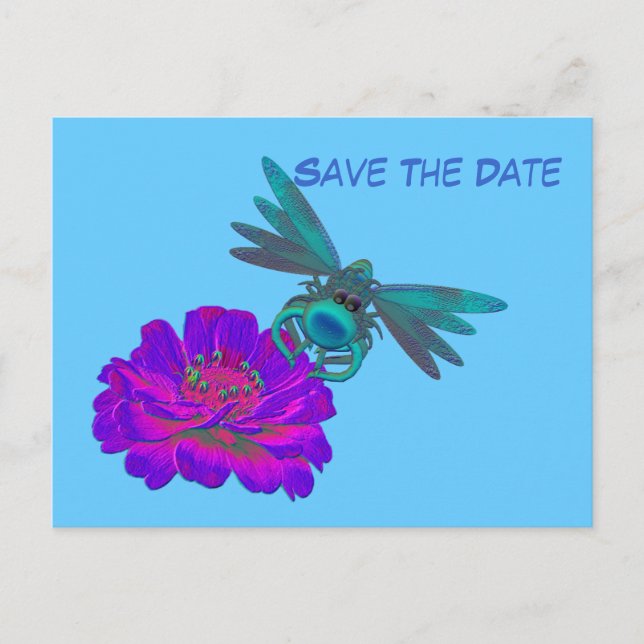 Save The Date Dragonfly On Flower Postcard (Front)