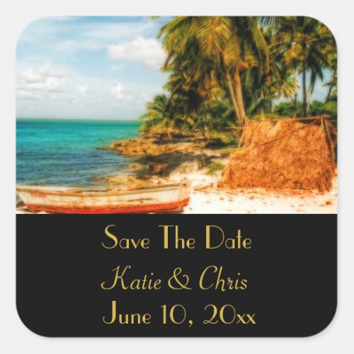 Save The Date  Dreamy Tropical Beach with Rowboat Square Sticker