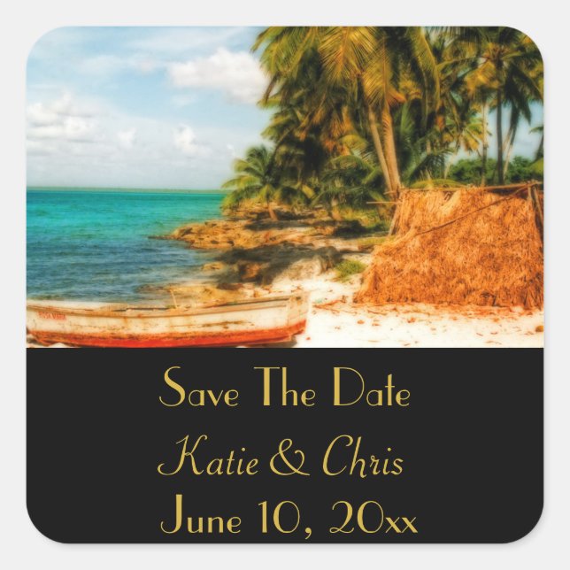 Save The Date  Dreamy Tropical Beach with Rowboat Square Sticker (Front)