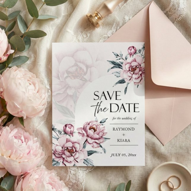 Save The Date Dusky Pink Peony Wedding Invitation Postcard (watercolor pink peony save the date postcard in modern script calligraphy)
