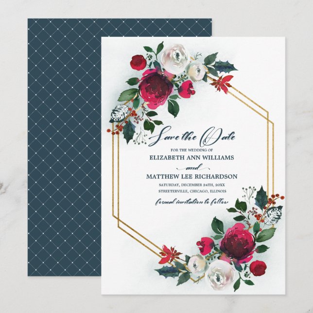 Save the Date. Dusty Blue | Burgundy Bloom Wedding Invitation (Front/Back)