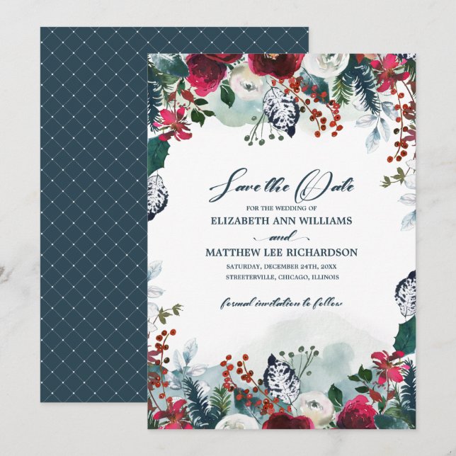 Save the Date. Dusty Blue | Burgundy Bloom Wedding Invitation (Front/Back)