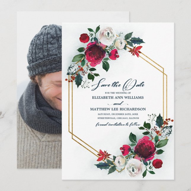 Save the Date. Dusty Blue | Burgundy Wedding Photo Invitation (Front/Back)