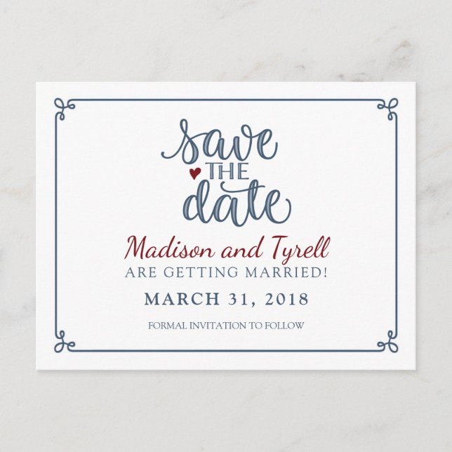 "Save the Date" - Dusty Blue & Dark Red Announcement Postcard (Front)