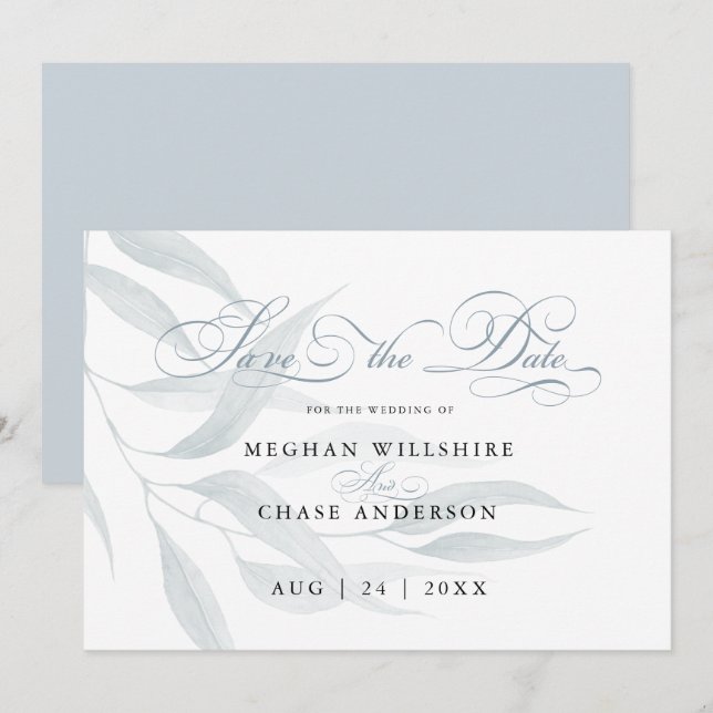 Save the Date Dusty Blue Eucalyptus Leaves White (Front/Back)