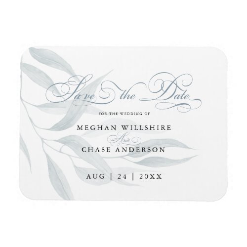Save the Date Dusty Blue Eucalyptus Leaves White Magnet