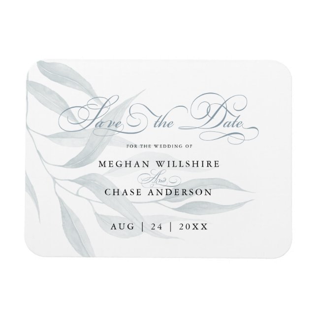 Save the Date Dusty Blue Eucalyptus Leaves White Magnet (Horizontal)