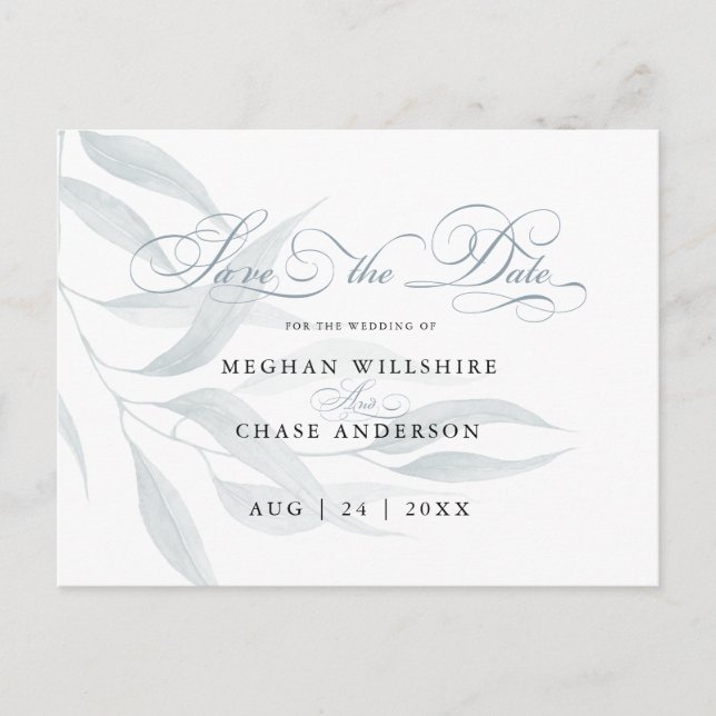 Save the Date Dusty Blue Eucalyptus Leaves White Postcard (Front)