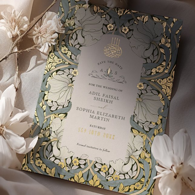 Save the Date Dusty Blue Muslim Islamic Morris Foil Invitation (Creator Uploaded)