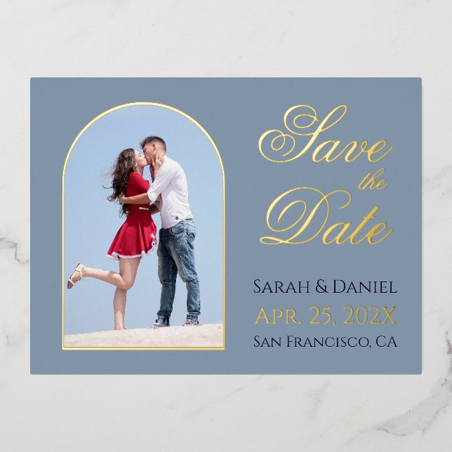 Save the Date Dusty Blue Photo in Arch Gold Script Foil Invitation Postcard (Front)
