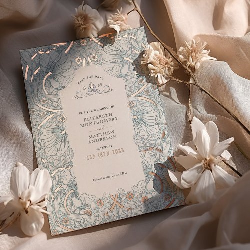 Save the Date Dusty Blue Pimpernel Vintage Morris Foil Invitation